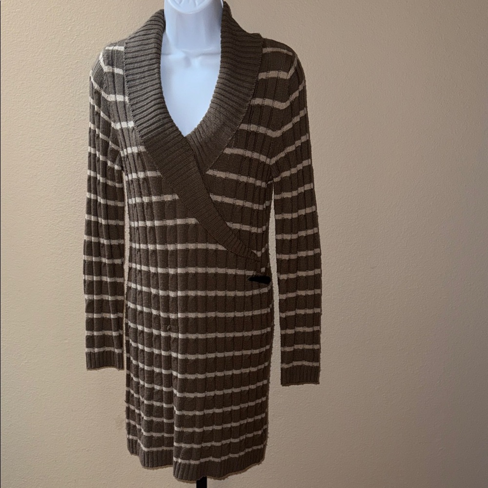 Pink Rose Brown and Cream Striped Collared Wrap Sweater Dress Women’s Size L